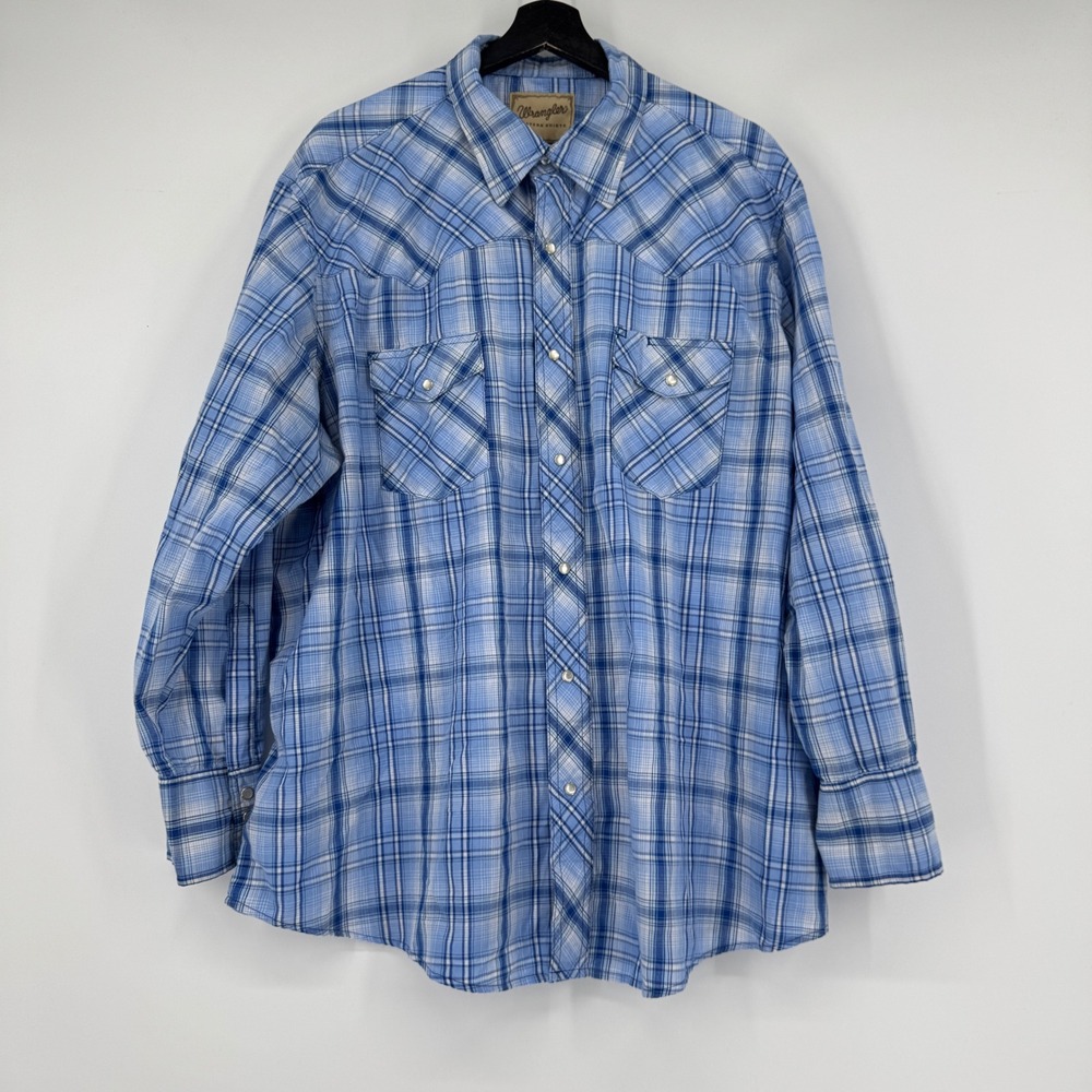 Wrangler Western Shirt Mens 2XL Blue Plaid Pearl Snap Long Sleeve 112342174